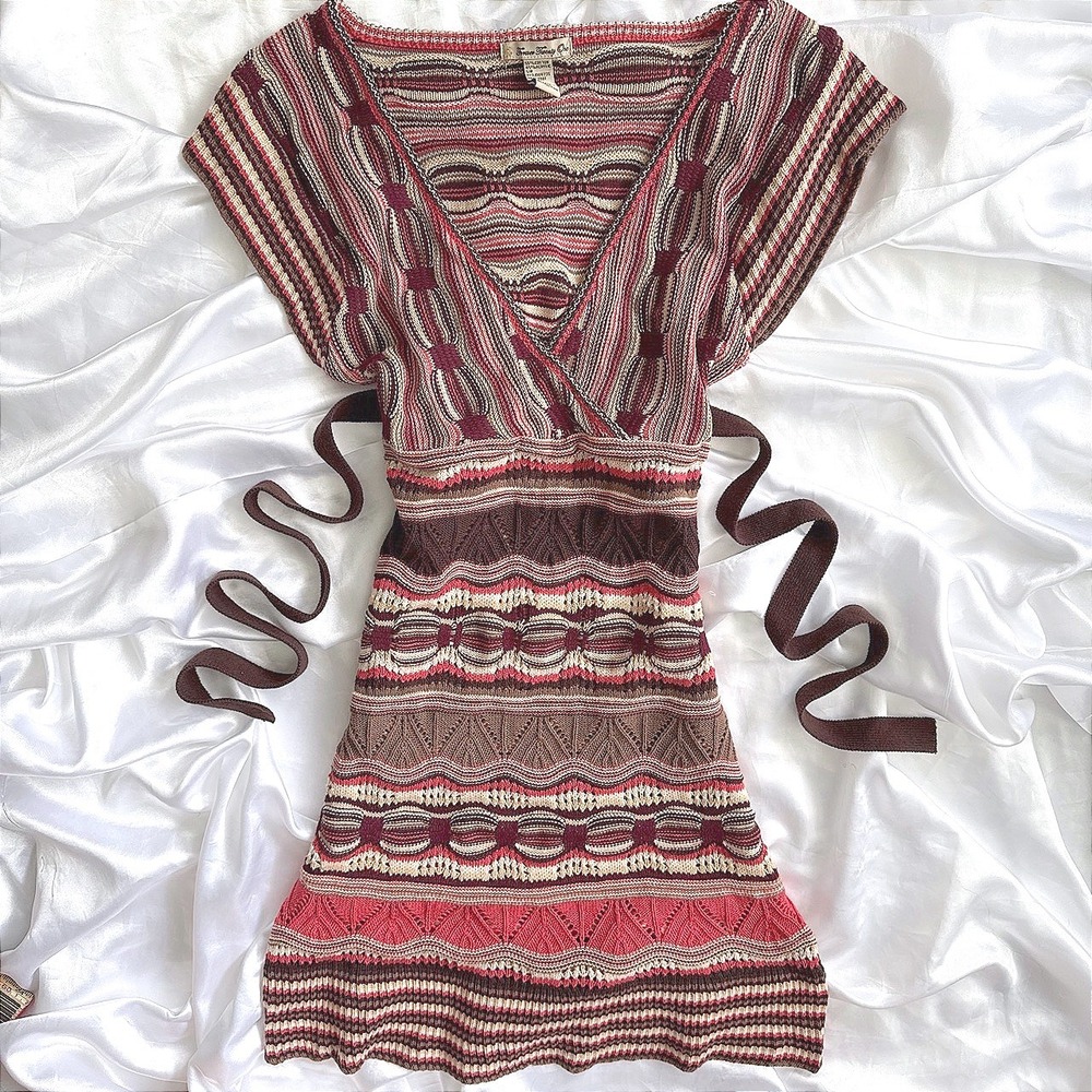 Forever 21 Knit Dress Burgundy Brown Boho V-Neck Empire Waist Large